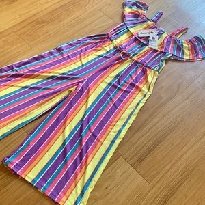 Kidgets Girls Stripe Print Wide Leg Cold Shoulder Jumpsuit • 10/12